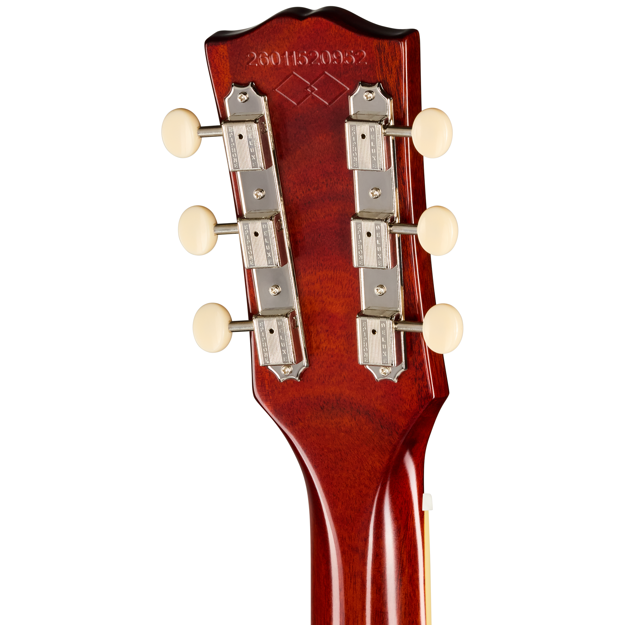 Gitarrenkopf, Mahagoniholz, Rotbraun, Sechs Mechaniken, Cremefarbene Wirbel